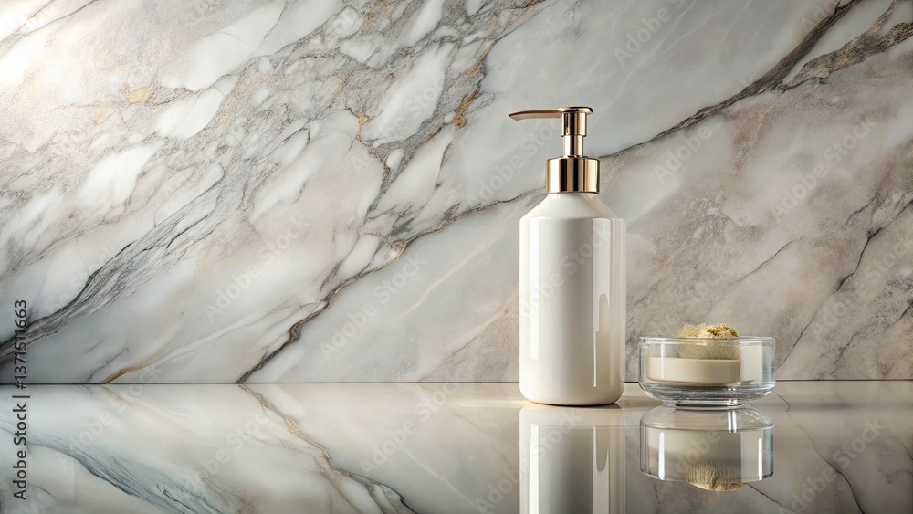 Aufkleber vertical overview of hand soap on marble surface with reflection and copy space for design elements
