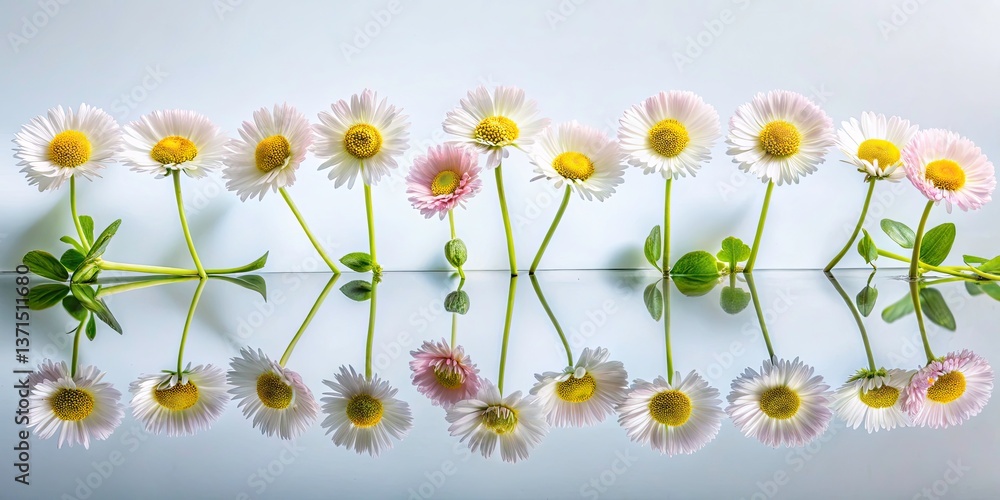 Poster vertical overview of erigeron fleabanes with glass reflection effect on white background, perfect fo