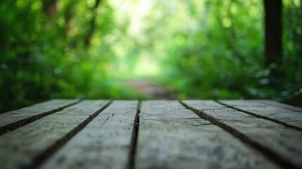 Wooden desk and blurred green nature background in a garden