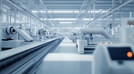 Obraz premium A large industrial building with many machines and robots. Scene is industrial and futuristic