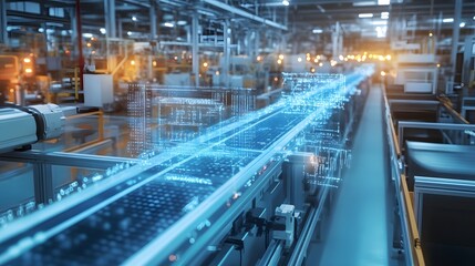 Fototapeta premium A factory with a conveyor belt that is blue and white. The conveyor belt is moving and has a futuristic look to it