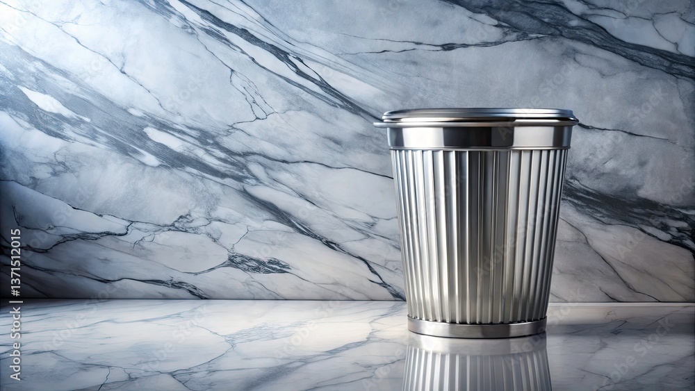 Poster vertical overview of trash can liner on marble surface - low light photography with glass reflection