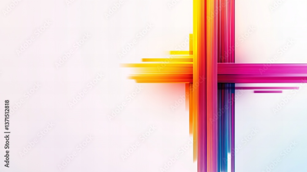 Poster abstract colorful lines intersect, forming a cross on a white background, creating a modern graphic 
