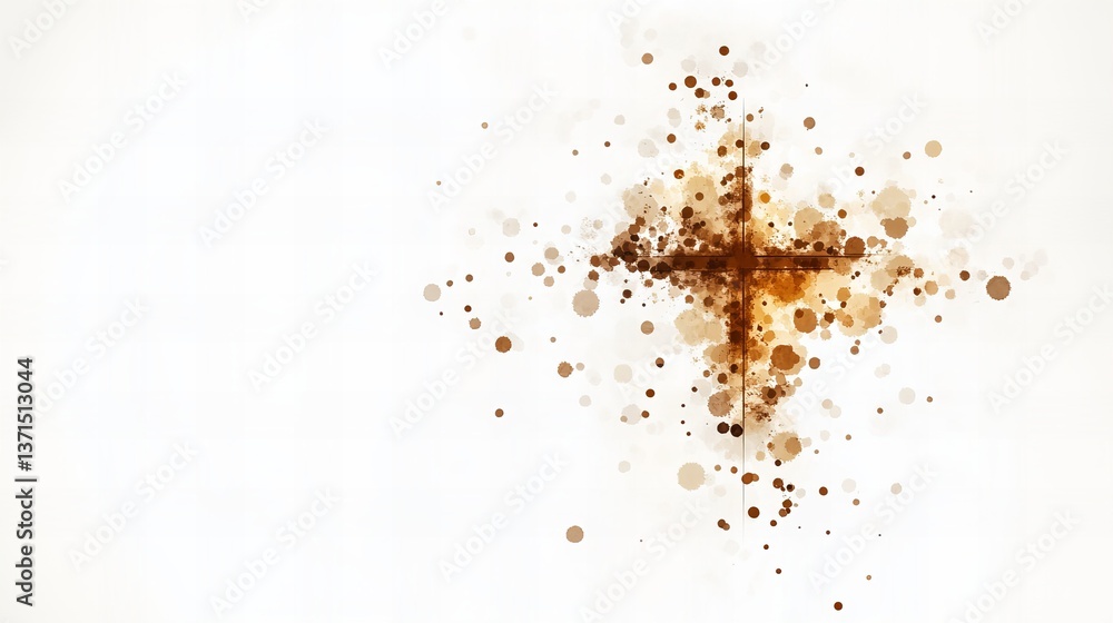 Poster abstract cross shape spreads outward with brown circular dots in the upper right corner on a white b