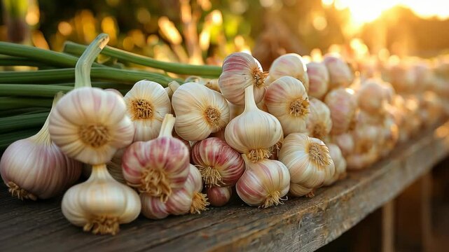 Fresh garlic harvest showcased at a local farm during golden hour with sunlight illuminating the crops