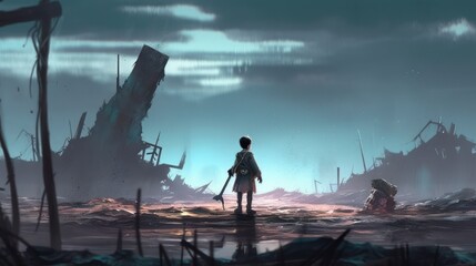 Fototapeta premium Child Facing Dark Figure with Scythe in Post-Apocalyptic Scene with Cinematic Lighting and Surreal Art Style