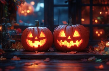 Cozy Halloween Interior with Carved Pumpkins and Soft Lighting