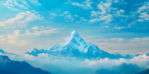 Photo of Majestic Snow Capped Mountain Peak in Blue Sky with White Clouds