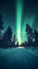 Photo of Green Aurora Borealis Displaying Above Forest and Snowy Path at Night