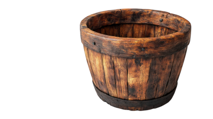 Wooden bucket with a sturdy handle placed on a white background
