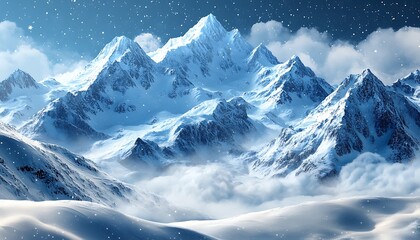 A beautiful snowy landscape of majestic mountains and drifting clouds