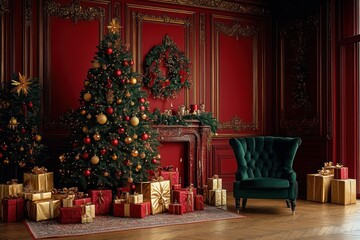 Obraz premium Luxurious Christmas Interior with Decorated Tree and Gifts in Cozy Red Tones