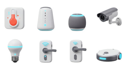 Smart Home Devices Grouping Including Thermometer, Lightbulb, Speaker, and Security