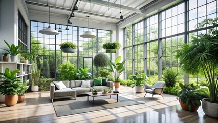 Modern Interior Design, Bright Room, Large Windows, Green Plants, Bokeh, Spacious Living Room, Home Decor, Sunlight, Minimalist, Plant Decor