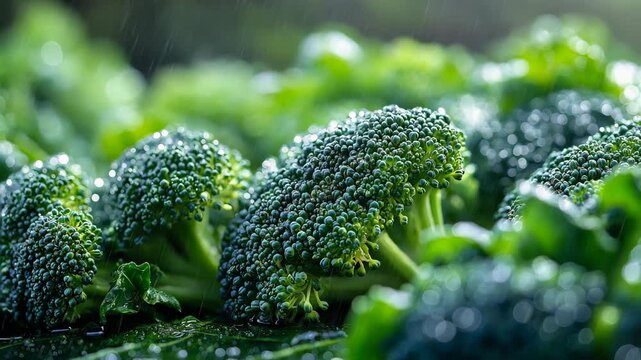 Freshly harvested broccoli glistens with morning dew in a vibrant farm setting