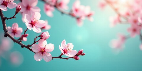 Obraz premium Delicate Pink Blossoms on a Branch Against a Soft Teal Sky, Representing the Beauty of Springtime