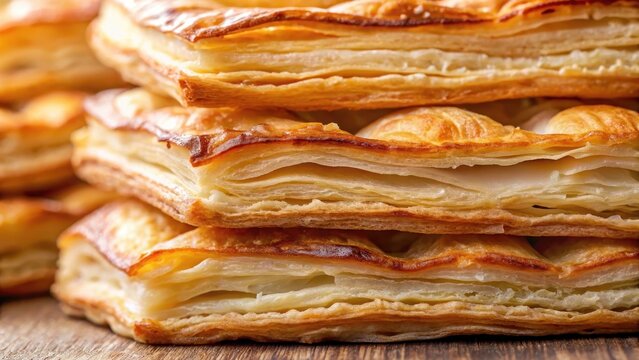 Close-up of flaky pastry layers , layered treats, baking,  layered treats, baking,appelflappen
