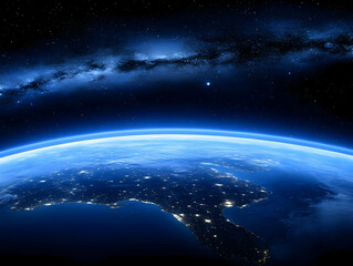 Obraz premium Photo of the Blue Earth View From Space with Stars and Galaxy Background