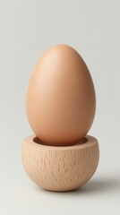 Smooth Brown Egg Resting in Wooden Egg Cup on Minimalist Surface