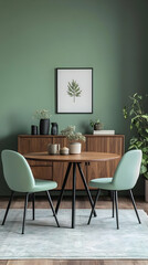 Photo of Modern Dining Room Interior with Green Walls and Wooden Furniture