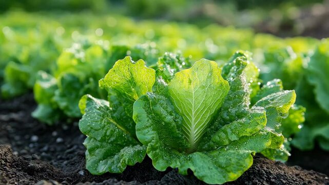 Fresh lettuce growing in a sunny garden during early morning hours in a rich soil environment
