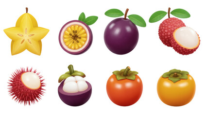 Display of assorted fresh tropical fruit featuring star fruit and lychee