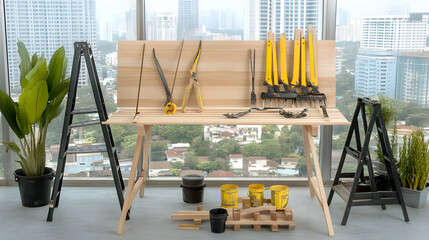 Photo of Workshop Tools on Workbench with Yellow and Green Accents in Well Lit Interior