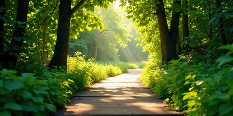 Fototapeta premium Sunlit Pathway Through Verdant Woodland, Serene and Peaceful Nature Scene, Ideal for Relaxation and Tranquility