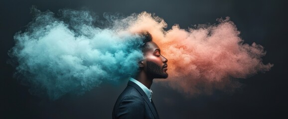 A man, eyes closed, serene, enveloped by colorful smoke resembling a vibrant, ethereal aura