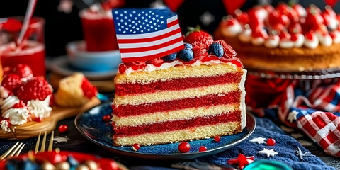 Obraz premium Photo Patriotic Cake Slice with Flag Berries on Plate closeup