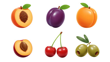 Assortment of Colorful Fruits including Peaches, Plums, Cherries, and Olives