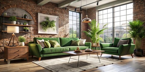 Fototapeta premium Modern Urban Living Room Mock-up with Green Sofa, Stylish Table, and Contemporary Decor for Interior Design Inspiration