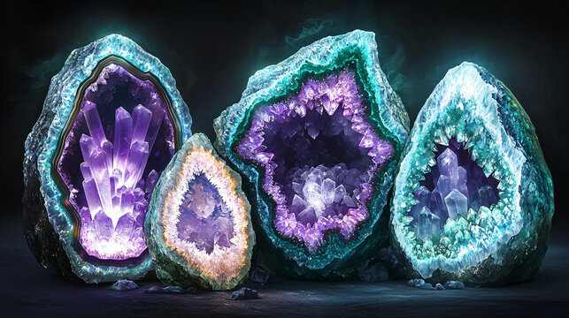 Ethereal display of three amethyst crystals illuminated in a mystical setting reflecting their natural beauty and unique geode structures.