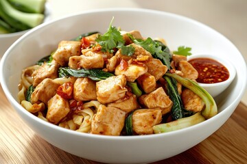 Fototapeta premium A vibrant bowl of chicken stir-fry with vegetables and sauce, served on a wooden table