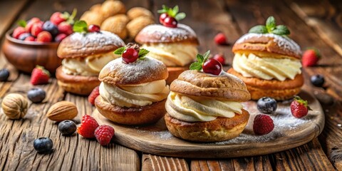 Cream-filled Magdalena pastries on a wooden table surrounded by fresh fruit and nuts , breakfast, dessert,  breakfast