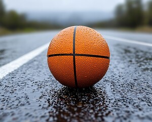 Basketball on Wet Road, Rainy Day