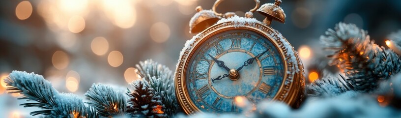 Obraz premium New Year Countdown Clock Frost Fir Branches Snow Bokeh Lights Celebration