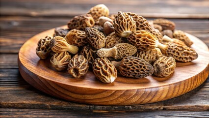 Fototapeta premium Close-up of dry morel mushrooms on wooden platter, wooden platter, fungi, wooden platter,fungi