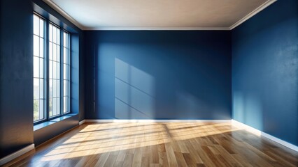 Dark blue wall in a minimalist room with a wooden floor, empty space and natural light entering through a window, natural light, empty room
