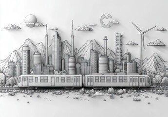 Industrial and Ecological Concept Illustration, Black-and-White Hand-Drawn Line Art of Factories, Wind Turbines, Solar Panels, and Nature