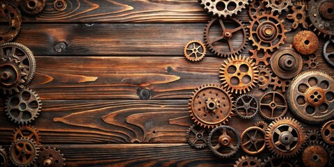 Rusted metal gears on dark wood planks background, machinery parts, metal