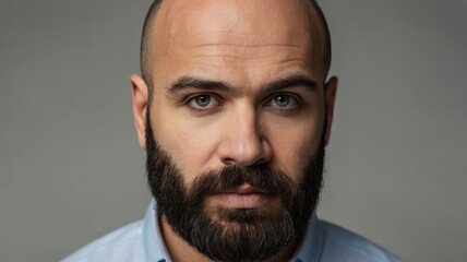 Serious Man Portrait: Close-up of Bearded Bald Man