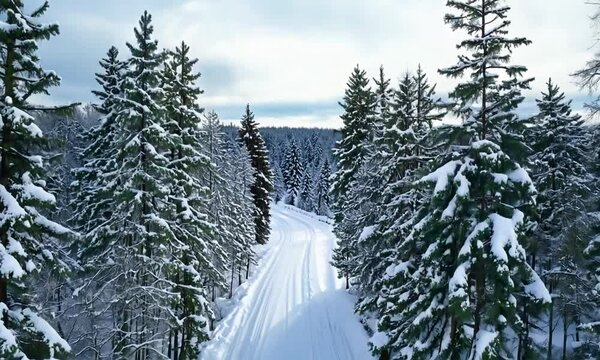 Winter landscape from the height of the throne . Clip. Tall birches and small green Christmas trees on the background of a white road that stand in a row next to each other against the background of a