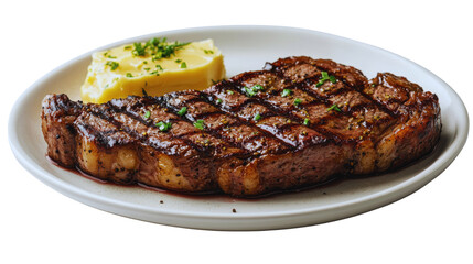 Plate of cooked meat with a side of potato presented on a wooden table.