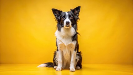 Fototapeta premium A Border Collie sitting on a plain yellow surface with its eyes looking directly at the viewer, showcasing its intelligence and alertness , animal, yellow