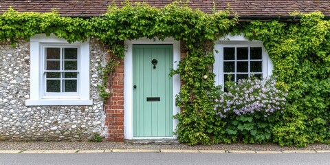Charming cottage with greenery, vintage door, and stone wall