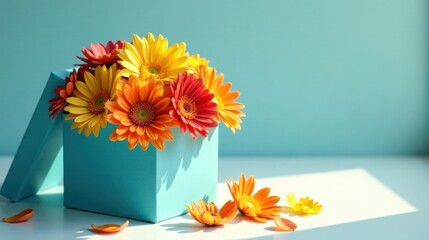 A vibrant bouquet of cheerful gerbera daisies in a light teal gift box, bathed in sunlight, creating a joyful and celebratory atmosphere