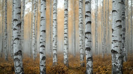 A serene autumn forest scene with numerous silver birch trees