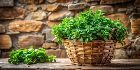 Fresh oregano leaves piled high in a wooden basket, surrounded by rustic stone walls and lush greenery