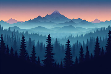 Obraz premium Pixel Art Landscape View Of Mountains Forest Silhouette And Blue Hues